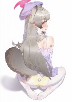 1girl absurdres animal_ear_fluff animal_ears ass back-print_panties bare_shoulders beret blue_archive blush chinese_commentary commentary_request detached_sleeves dress earrings extra_ears from_behind gradient_hair grey_hair halo hat highres iblod jewelry kneeling michiru_(blue_archive) michiru_(dress)_(blue_archive) multicolored_hair no_shoes official_alternate_costume open_mouth panties panties_under_pantyhose pantyhose pink_halo print_panties purple_dress purple_hat raccoon_ears raccoon_girl raccoon_tail solo tail underwear wedgie white_pantyhose yellow_eyes yellow_panties