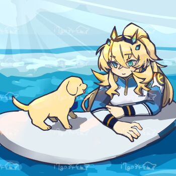1girl animal artist_name barghest_(fate) barghest_(over_the_same_sky)_(fate) blonde_hair blue_eyes blue_sky blue_wetsuit commentary dog fate/grand_order fate_(series) hair_between_eyes hair_ornament highres i7go34 ice long_hair long_sleeves looking_at_another official_alternate_costume ponytail sky smile sunlight swimming water