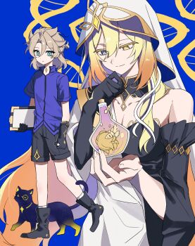 1boy 1girl aged_down albedo_(genshin_impact) aqua_eyes black_boots black_cat black_dress black_gloves black_shorts blonde_hair blue_background blue_eyes blue_shirt boots braid brown_hair cat clipboard closed_mouth collared_shirt colored_eyelashes detached_collar double_helix dress expressionless flask floating floating_object genshin_impact gloves gold_trim gradient_hair hair_between_eyes half_up_half_down_braid halo hashtag-only_commentary heterochromia highres holding holding_clipboard holding_pen long_hair long_sleeves looking_at_viewer looking_down medium_hair mismatched_pupils multicolored_hair parted_bangs pen rhinedottir_(genshin_impact) sebas_(genshin_impact) shirt short_sleeves shorts sidelocks simple_background single_bare_shoulder single_glove smile symbol-shaped_pupils ttuyer0 veil very_long_hair white_dress white_veil wide_sleeves yellow_eyes