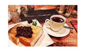 bread bread_slice cafe coffee coffee_mug commentary_request cup drink food food_focus jam matsuyama_kojika mug no_humans original plate realistic saucer still_life table toast translation_request wooden_table