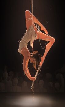 1girl 6+others absurdres arms_up ass audience bare_shoulders barefoot breasts brown_hair commentary_request crowd crying dancing dress entangled faceless flexible from_side full_body hanging highres knee_up laughing light_particles long_hair looking_down multiple_others open_mouth original panties perky_breasts plantar_flexion ponytail profile pulling skindentation sleeveless sleeveless_dress small_breasts soles solo_focus stage stage_lights sweat underwear upside-down white_dress white_panties yuzaiii