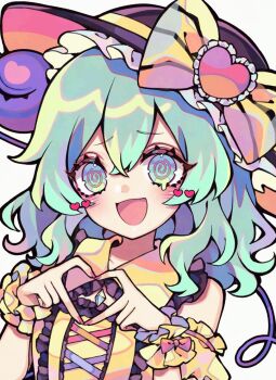Rule 34 | 1girl, @ @, adapted costume, bare shoulders, black hat, blush, bow, collared shirt, commentary, detached sleeves, dress, eyeball, four-finger heart hands, frilled dress, frilled shirt collar, frills, green eyes, green hair, hat, hat bow, hat ornament, head tilt, heart, heart hands, heart hat ornament, iridescent, komeiji koishi, kyouda suzuka, looking at viewer, multicolored eyes, multicolored hair, open mouth, pink dress, red nails, shirt, simple background, sleeveless, sleeveless shirt, smile, solo, third eye, touhou, untranslatable commentary, white background, yellow bow, yellow dress, yellow shirt