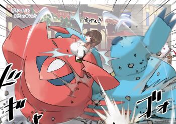 1girl absurdres alternate_color apple_hair_ornament artist_name blue_eyes border breasts brown_hair building carrying carrying_person claws commentary crack cracked_floor debris emphasis_lines fang feraligatr floating food-themed_hair_ornament gen_2_pokemon gen_6_pokemon glassy0302 grey_eyes hair_ornament highres honedge huge_breasts impressed kuraishi_ringo_(glassy0302) major_injury_underreaction medium_hair mega_feraligatr motion_blur nintendo open_mouth original outdoors outside_border pokemon pokemon_(creature) pokemon_legends:_z-a sheath sheathed shiny_pokemon shirt smile sound_effects spikes spinning swirlix sword translated twitter_username weapon white_border white_shirt