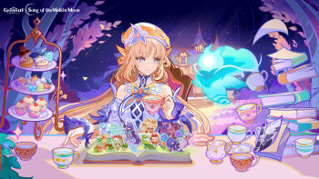 6+girls alice_(genshin_impact) aranara_(genshin_impact) bare_shoulders beret blonde_hair blue_eyes book columbina_(genshin_impact) commentary cup detached_sleeves dodoco_(genshin_impact) dress drinking_glass english_commentary genshin_impact hat highres holding holding_cup klee_(genshin_impact) lauma_(genshin_impact) long_hair multiple_girls nahida_(genshin_impact) nicole_(genshin_impact) official_art open_book prune_(genshin_impact) seelie_(genshin_impact) teacup tiered_tray very_long_hair white_dress white_hat