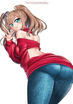 1girl absurdres alternate_costume artist_name ass bare_back bare_shoulders battle_effectiveness_award blue_eyes blue_pants blush breasts brown_hair commentary commission cowboy_shot denim halterneck high_side_ponytail highres jeans kantai_collection katou_shinobu large_breasts long_hair looking_at_viewer pants pixiv_commission ponytail red_sweater saratoga_(kancolle) simple_background smile smokestack_hair_ornament solo sweater turtleneck turtleneck_sweater virgin_killer_sweater waving white_background