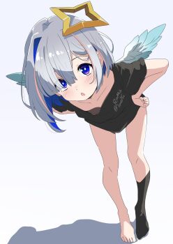Rule 34 | 1girl, alternate costume, amane kanata, angel wings, barefoot, black shirt, blue eyes, blue hair, colored inner hair, commentary request, feathered wings, feet, flat chest, foreshortening, full body, grey hair, halo, hands on own hips, highres, hololive, kneehighs, leaning forward, legs, light blush, multicolored hair, no bra, no pants, no shoes, open mouth, shirt, short hair, sidelocks, simple background, single hair intake, single sock, socks, solo, standing, star halo, streaked hair, t-shirt, two-tone hair, virtual youtuber, white background, wings, yabu q