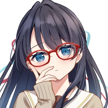 1girl absurdres black_hair blue_eyes blue_ribbon blush brown_cardigan brown_dress cardigan commentary_request dress glasses hair_ribbon half_updo hanazora_satsuki hand_on_own_cheek hand_on_own_face hasu_no_sora_school_uniform highres link!_like!_love_live! long_hair long_sleeves looking_at_viewer love_live! murano_sayaka parted_lips red-framed_eyewear red_ribbon ribbon sailor_collar sailor_dress school_uniform signature simple_background single_hair_intake sleeves_past_wrists solo virtual_youtuber white_background white_sailor_collar winter_uniform