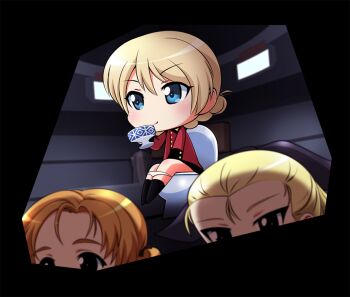Rule 34 | 3girls, assam (girls und panzer), black ribbon, black skirt, black socks, blonde hair, blue eyes, blush, braid, breasts, chibi, chibi only, chinpui (chinpui02), commentary request, cup, darjeeling (girls und panzer), girls und panzer, hair pulled back, hair ribbon, holding, holding cup, indoors, jacket, long hair, long sleeves, military, military uniform, military vehicle, miniskirt, motor vehicle, multiple girls, nape braid, orange eyes, orange hair, orange pekoe (girls und panzer), panties, pleated skirt, red jacket, ribbon, short hair, shoulder boards, skirt, smile, socks, st. gloriana's military uniform, tank, teacup, toilet, toilet use, twin braids, underwear