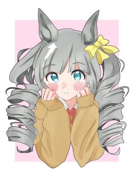 Rule 34 | 1girl, alternate costume, alternate hairstyle, animal ears, blush, chrono genesis (umamusume), collarbone, commentary request, drill hair, grey hair, hair between eyes, hair ornament, highres, horse ears, horse girl, looking at viewer, portrait, school uniform, simple background, smile, solo, twin drills, umamusume, white background, zenkinsen