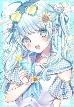 1girl :d absurdres blue_hair blunt_bangs blush chibana_sora choker commentary cup detached_sleeves eyewear_on_head food fruit glasses green_eyes head_tilt heart heart-shaped_eyewear highres holding holding_cup lemon long_hair looking_at_viewer open_mouth original shirt smile solo star_(symbol) star_in_eye symbol-only_commentary symbol_in_eye white_shirt