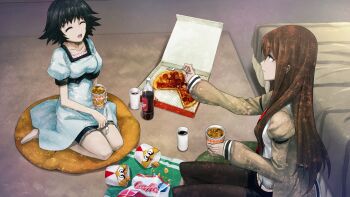 2girls arm_belt bed bedroom bedside belt black_bow black_hair black_pantyhose black_sash black_shorts black_trim blue_dress bow breasts brown_hair brown_jacket carpet chest_bow chicken_(food) chips_(food) closed_eyes closed_mouth collar collarbone collared_shirt cup cup_ramen disposable_cup dr_pepper dress eating eyelashes food fork fried_chicken frilled_collar frills game_cg hair_between_eyes hair_over_shoulder happy highres holding holding_cup holding_fork huke indoors instant_ramen jacket jacket_partially_removed kneeling leather_belt looking_at_another makise_kurisu medium_hair multiple_girls necktie non-web_source noodles official_art on_pillow open_mouth pantyhose pepperoni pepperoni_pizza pink_frills pizza pizza_box pointing pointing_at_another puffy_short_sleeves puffy_sleeves purple_eyes ramen red_necktie ringed_eyes sash science_adventure shiina_mayuri shiny_lips shirt short_sleeves shorts shorts_under_dress shorts_under_skirt sitting small_breasts smile soda square_pupils steins;gate steins;gate:_linear_bounded_phenogram tareme teeth thick_thighs thighs upper_teeth_only waist_sash wariza white_belt white_shirt
