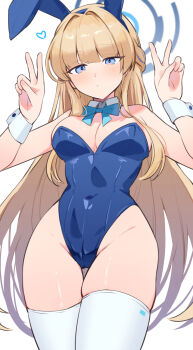 1girl animal_ear_hairband animal_ears aqua_bow aqua_bowtie bare_shoulders blonde_hair blue_archive blue_eyes blue_halo blue_leotard blunt_bangs bow bowtie breasts cameltoe commentary covered_navel detached_collar double_v enipa_28 expressionless fake_animal_ears from_below hairband halo hands_up heart highres leotard light_blush looking_at_viewer medium_breasts official_alternate_costume official_alternate_hairstyle playboy_bunny rabbit_ear_hairband rabbit_ears solo symbol-only_commentary thighhighs toki_(blue_archive) toki_(bunny)_(blue_archive) v white_background white_thighhighs white_wrist_cuffs wrist_cuffs