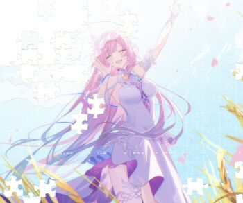 1girl aqua_hair bare_shoulders blue_sky breasts cyrene_(honkai:_star_rail) cyrene_(ripples_of_past_reverie)_(honkai:_star_rail) dress highres honkai:_star_rail honkai_(series) large_breasts long_hair multicolored_hair pink_hair puzzle sky smile solo thighs two-tone_hair umenoume very_long_hair wheat white_dress