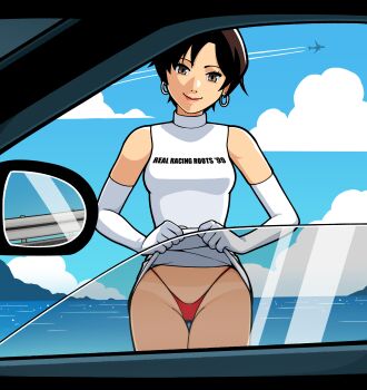 1girl absurdres aircraft airplane bare_shoulders black_hair blue_sky brown_eyes car_interior closed_mouth clothes_lift cloud cloudy_sky day dress dress_lift earrings elbow_gloves fumphole gloves highleg highleg_panties highres hoop_earrings jewelry lifting_own_clothes looking_at_viewer nagase_reiko namco ocean panties pov r4:_ridge_racer_type_4 red_panties ridge_racer short_hair side-view_mirror sky sleeveless sleeveless_dress smile thong underwear water white_gloves