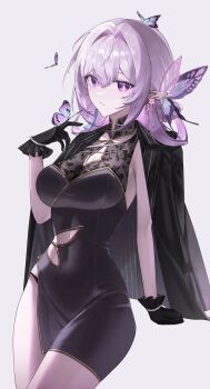 Rule 34 | 1girl, absurdres, black gloves, black jacket, breasts, bug, butterfly, butterfly hair ornament, butterfly on hand, castorice (honkai: star rail), china dress, chinese clothes, cleavage, commentary request, dress, gloves, grey background, hair ornament, hand up, highres, honkai: star rail, honkai (series), insect, jacket, large breasts, long hair, looking at viewer, mimemu, parted lips, pointy ears, purple butterfly, purple eyes, purple hair, simple background, sleeveless, solo