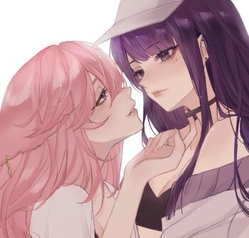 2girls alternate_costume animal_ears bad_id bad_twitter_id bare_shoulders baseball_cap black_bra black_choker blunt_bangs bra breasts choker cleavage close-up closed_mouth contemporary couple eyeliner fox_ears fox_girl from_side genshin_impact hair_between_eyes hair_down hat highres jacket leaning_forward light_blush long_hair looking_at_another looking_down looking_up makeup medium_breasts mole mole_under_eye multiple_girls nita_(teajinie) off_shoulder open_clothes open_jacket parted_lips pink_hair pink_lips pink_nails pulling purple_eyes purple_hair raiden_shogun red_eyeliner simple_background thick_lips underwear white_background yae_miko yuri