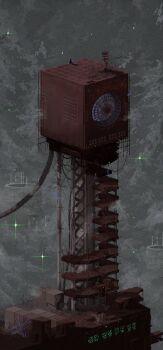 absurdres artist_name building casver_w cityscape cloud cloudy_sky commentary creature english_commentary from_above green_star highres industrial_pipe no_humans outdoors rain_world signature sitting sky skyscraper slugcat star_(sky) ventilation_fan watcher_(rain_world) wide_shot