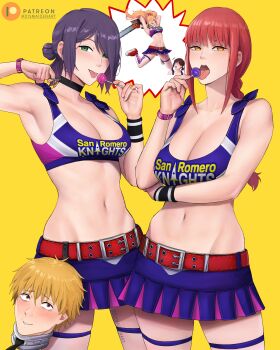 1boy 4girls absurdres armpits artist_name belt black_choker blonde_hair blush braid braided_ponytail breasts candy chainsaw_man choker cleavage clothes_writing commentary cosplay denji_(chainsaw_man) dismaiden english_commentary food hayakawa_aki higashiyama_kobeni highres holding holding_candy holding_food holding_lollipop large_breasts leg_warmers lollipop lollipop_chainsaw long_hair looking_at_viewer makima_(chainsaw_man) miniskirt multiple_girls navel panties patreon_logo patreon_username power_(chainsaw_man) purple_hair red_belt red_hair ringed_eyes severed_head shoes simple_background skirt thighs tongue tongue_out twitter_username underwear yellow_background