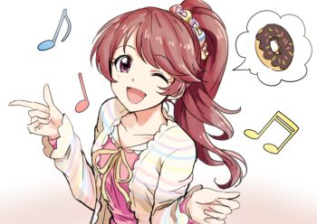 1girl blush breasts brown_eyes brown_hair cardigan collarbone donut food gradient_background hair_ornament hair_scrunchie idolmaster idolmaster_cinderella_girls idolmaster_cinderella_girls_starlight_stage index_finger_raised long_hair long_sleeves looking_at_viewer multicolored_scrunchie musical_note one_eye_closed open_mouth pink_shirt ponytail scrunchie shiina_noriko shirt small_breasts smile solo speech_bubble striped_cardigan tsukikage_oyama upper_body white_cardigan