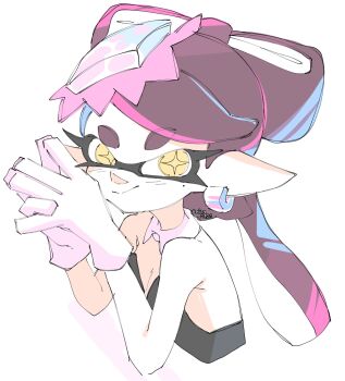 1girl bare_shoulders black_dress black_hair callie_(splatoon) closed_mouth cropped_torso dress gloves highres looking_at_viewer mira_2420 nintendo own_hands_together pointy_ears solo splatoon_(series) strapless strapless_dress tentacle_hair upper_body white_background white_gloves yellow_eyes