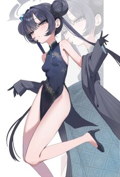 1girl black_gloves blue_archive braid braided_bun butterfly_hair_ornament china_dress chinese_clothes coat commentary_request davo221020 double_bun dragon_print dress gloves grey_eyes grey_halo hair_bun hair_ornament half-closed_eyes halo high_heels highres kisaki_(blue_archive) pelvic_curtain pinstripe_jacket pinstripe_pattern striped_coat twintails vertical-striped_coat