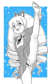 1girl anus bar_censor barefoot blue_background blush bottomless bow censored dress drill_hair hair_bow heriyama loli long_hair luna_platz_(mega_man) mega_man_(series) mega_man_star_force_(series) open_mouth pussy smile sparkle standing standing_on_one_leg sweat twin_drills v very_long_hair