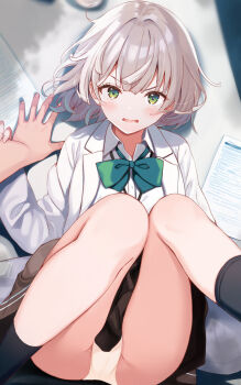 1girl 1other angry ass black_skirt black_socks blurry blurry_background blush bow bowtie brown_hair coat commentary_request fallen_down green_bow green_bowtie green_eyes highres jacket komone_ushio long_sleeves looking_at_viewer open_mouth original panties paper school_uniform shirt skirt socks thighs underwear v-shaped_eyebrows wavy_hair white_coat white_jacket white_panties white_shirt