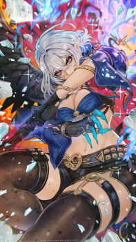 1girl ahoge asymmetrical_wings black_gloves black_shorts blue_bra blue_hands blue_jacket bra breasts broken_glass commentary commission criss-cross_straps cropped_jacket english_commentary feathered_wings galbrena_(wuthering_waves) glass gloves gun highres holding holding_gun holding_weapon jacket large_breasts magion02 mismatched_wings navel paid_reward_available purple_eyes shorts single_leg_pantyhose single_thighhigh single_wing solo thigh_strap thighhighs underwear very_long_fingernails weapon white_hair wings wuthering_waves