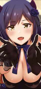 1girl black_gloves blush breasts cleavage commentary_request fang flower gloves hair_flower hair_ornament hands_up hanging_breasts horns large_breasts looking_at_viewer mole mole_on_breast mole_under_eye multiple_moles neck_ribbon nijisanji noragami_sota open_mouth purple_flower purple_hair purple_horns purple_ribbon purple_rose reaching reaching_towards_viewer ribbon rose shizuka_rin shizuka_rin_(5th_costume) small_horns solo upper_body virtual_youtuber yellow_eyes