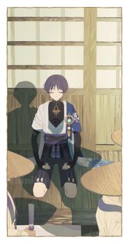 3boys arm_armor artist_name back black_shirt black_shorts blue_gemstone blue_vest blunt_ends border brown_hat chinikuniku closed_eyes closed_mouth commentary_request door floor full_body gem genshin_impact gold hand_up hat highres holding jewelry jingasa leaf long_sleeves male_focus mandarin_collar multiple_boys necklace no_headwear official_alternate_costume open_clothes open_vest parted_bangs pom_pom_(clothes) purple_hair ring scaramouche_(genshin_impact) seiza shadow shirt short_hair short_sleeves shorts sitting sleeveless sleeveless_shirt solo_focus two-tone_vest vest vision_(genshin_impact) wanderer_(genshin_impact) watermark white_border white_shirt white_vest