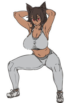 1girl animal_ears armpits arms_behind_head arms_up bare_arms bare_shoulders bastet_(houtengeki) black_hair bracelet breasts cleavage closed_mouth collarbone crossed_bangs ear_piercing exercising full_body grey_pants grey_sports_bra houtengeki jewelry large_breasts medium_hair navel original pants piercing red_eyes simple_background solo sports_bra squatting white_background yoga_pants