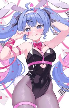 1girl absurdres ace_(playing_card) ace_of_hearts ahoge alternate_breast_size_(larger) animal_ears aqua_eyes aqua_hair arm_up armpits black_leotard blush bow breasts broken_heart card cleavage closed_mouth collarbone commentary_request cuffs fake_animal_ears hair_ornament handcuffs hatsune_miku heart highres leotard looking_at_viewer medium_breasts multicolored_hair omame_3de pink_hair playboy_bunny playing_card rabbit_ears rabbit_hole_(vocaloid) rabbit_tail red_bow red_nails red_ribbon ribbon simple_background smile solo strapless strapless_leotard sweat tail thighhighs tongue tongue_out vocaloid white_background wrist_ribbon