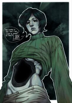 1boy black_eyes black_hair coat_guy_(no_i&#039;m_not_a_human) colored_skin highres hole_in_stomach jowls kirsssche lips long_sleeves male_focus no_i&#039;m_not_a_human short_hair solo speech_bubble spoilers sweater