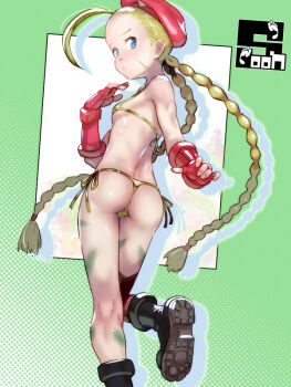 1girl ahoge ass beret bikini black_boots blonde_hair blue_eyes bodypaint boots braid breasts cammy_white commentary_request drop_shadow fingerless_gloves foot_out_of_frame from_behind gloves gold_bikini green_background halftone halftone_background hat leg_up loli long_hair low_twin_braids median_furrow micro_bikini petite red_hat scar scar_on_face side-tie_bikini_bottom small_breasts solo soon_(c-u-soon) street_fighter swimsuit twin_braids very_long_hair