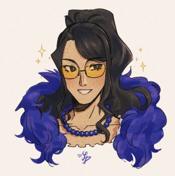 1girl black_hair commentary english_commentary eyelashes feather_boa jewelry looking_to_the_side necklace nico_robin one_piece one_piece_film:_gold pearl_necklace ponytail portrait sidelocks simple_background smile soupdumbling sparkle sunglasses tinted_eyewear yellow-tinted_eyewear