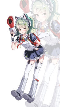 Rule 34 | 1girl, :t, absurdres, animal ear hairband, animal ears, bag, bell, black dress, black garter straps, cat ear hairband, cat ears, commentary, drawppyo, dress, fake animal ears, garter straps, green eyes, green hair, green nails, hair ornament, hairband, hand on own hip, highres, holding, holding megaphone, leaning forward, looking at viewer, maid, maid headdress, megaphone, neck bell, official alternate costume, pout, red bag, shoes, simple background, solo, sunna (afternoon tea break) (zenless zone zero), sunna (zenless zone zero), triangle hair ornament, white background, white wings, winged bag, wings, zenless zone zero, zoom layer