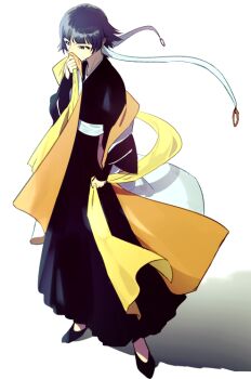 1girl black_eyes black_hair bleach commentary_request full_body holding holding_unworn_clothes holding_unworn_scarf nanao_itsuki scarf shihakusho short_hair_with_long_locks sleeves_past_wrists smelling solo sui-feng unworn_scarf yellow_scarf