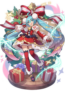 1girl absurdres ahoge aqua_eyes aqua_hair blush box christmas commentary_request detached_sleeves dress full_body fur-trimmed_dress fur-trimmed_sleeves fur_trim gift gift_box gradient_hair hair_between_eyes hatsune_miku highres holding holding_sack long_sleeves multicolored_hair navel open_mouth pink_hair red_dress red_thighhighs sack saylamars sleeveless sleeveless_dress smile solo thighhighs vocaloid wide_sleeves