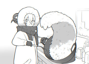 1girl :< blush closed_mouth don_quixote_(project_moon) drooling food fried_rice fried_rice_prank_(meme) fur_hood gloves greyscale hair_between_eyes heishou_pack-wei_branch_(identity)_(project_moon) highres holding holding_spatula horns jacket kitchen limbus_company looking_at_viewer maki_maki_(makimakipoipoi) meme monochrome plastic_bottle project_moon saliva scarf sheep_horns solo spatula upper_body wok