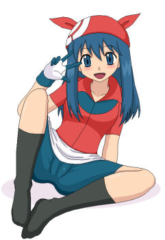 Rule 34 | 1girl, aliasing, artist request, bandana, bike shorts, blue eyes, blue hair, blush, breasts, cameltoe, cosplay, dawn (pokemon), female focus, gloves, knees, latex, legs, matching hair/eyes, may (pokemon), may (pokemon) (cosplay), nintendo, open mouth, pokemon, ponytail, rescueme1496, short hair, shorts, small breasts, socks, solo, tongue