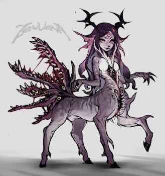 1girl absurdres aegyo_sal antlers bansheeiso bifurcated_jaw body_horror breasts claws deer_girl exposed_bone extra_eyes extra_teeth facial_mark forehead_mark full_body grin highres horns leg_up looking_at_viewer monster_girl nude open_mouth original ribs smile spine stomach_mouth third_eye vertical_mouth