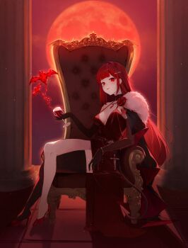 Rule 34 | 1girl, absurdres, akane lize, alcohol, asymmetrical legwear, black collar, black thighhighs, blush, breasts, cape, chair, closed mouth, collar, commentary request, crossed legs, cup, dress, drinking glass, elbow gloves, from side, full body, fur-trimmed cape, fur trim, gloves, hair ornament, hairclip, hand up, high heels, highres, holding, holding cup, indoors, korean commentary, looking at viewer, looking to the side, medium breasts, moon (restire), on chair, red dress, red eyes, red gloves, red hair, red shoes, red theme, shoes, single thighhigh, sitting, sitting on throne, sleeveless, sleeveless dress, solo, stellive, thighhighs, turning head, virtual youtuber, wine, wine glass