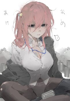 1girl aged_up bags_under_eyes beer_can black_jacket black_pants blue_eyes bocchi_the_rock! breasts can cleavage cube_hair_ornament drink_can expressionless gotoh_hitori hair_between_eyes hair_ornament highres id_card jacket lanyard large_breasts le_(szs0k) long_hair one_side_up open_clothes open_jacket open_shirt pants pink_hair shirt solo trash_bag white_shirt