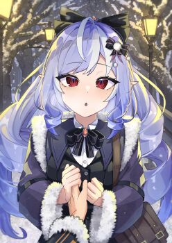 1girl 1other absurdres alte_05 bag black_bow black_jacket bow collared_shirt commentary_request fur-trimmed_jacket fur-trimmed_sleeves fur_trim hair_bow highres holding holding_hands jacket lamppost long_hair long_sleeves looking_at_viewer open_mouth outdoors pov pov_hands purple_hair red_eyes shirt shoulder_bag very_long_hair vivian_banshee white_shirt wide_sleeves zenless_zone_zero