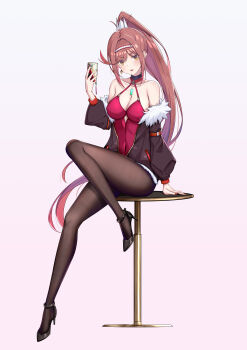 1girl absurdres alternate_costume arm_support armpit_crease backon bare_shoulders black_footwear black_jacket blush breasts brown_eyes brown_hair brown_pantyhose cellphone chest_jewel cleavage collarbone core_crystal_(xenoblade) covered_navel dress earrings fine_fabric_emphasis full_body fur_trim glimmer_(xenoblade) gold_trim gradient_background gradient_hair grey_background hairband halterneck hand_up high_heels high_ponytail highres holding jacket jewelry large_breasts legs long_sleeves looking_at_viewer monolith_soft multicolored_hair nail_polish off_shoulder on_table open_clothes open_jacket open_mouth pantyhose phone pink_background pink_dress pink_hair ponytail red_hairband sidelocks sitting smartphone solo strappy_heels swept_bangs table two-tone_hairband white_hairband xeno_(series) xenoblade_chronicles_(series) xenoblade_chronicles_3 xenoblade_chronicles_3:_future_redeemed