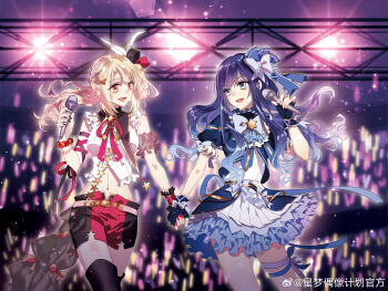 Rule 34 | 2girls, :d, absurdres, bare shoulders, belt, black boots, black gloves, black shorts, blonde hair, blue bow, blue bowtie, blue eyes, blue hair, blue jacket, blue ribbon, blurry, blurry background, boots, bow, bowtie, chinese commentary, commentary request, concert, fingerless gloves, floating hair, frilled skirt, frills, gloves, glowstick, gu xinghai, hair bow, hair ornament, highres, holding, holding microphone, idol, idol clothes, jacket, jin yuxian, leg ribbon, long hair, looking at another, looking to the side, microphone, midriff, miniskirt, multiple girls, navel, neck ribbon, official art, open mouth, orange eyes, pink belt, ponytail, puffy short sleeves, puffy sleeves, red ribbon, red scrunchie, red shorts, ribbon, scrunchie, shirt, short sleeves, shorts, single glove, skirt, sleeveless, sleeveless shirt, smile, stage lights, star (symbol), star hair ornament, thigh boots, truss, two-tone shorts, watermark, weibo watermark, white shirt, white skirt, wrist scrunchie, xingmeng ouxiang jihua, yantou hstone