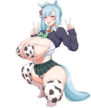 absurdres amesuku_gyaru animal_ears animal_print bikini breasts commentary_request cow_print cow_print_bikini gyaru highres horse_ears horse_girl horse_tail kogal mejiro_ardan_(umamusume) pasuhai print_bikini spread_legs squatting swimsuit tail umamusume v