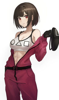1girl absurdres angdo_(kakajo26) bare_shoulders bob_cut bra breasts brown_hair circle cleavage closed_mouth collarbone commentary_request unworn_headwear highres holding jacket looking_at_viewer navel pants short_hair simple_background solo square squid_game triangle underwear white_background