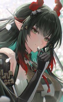 1girl absurdres arknights arknights:_endfield armpit_crease bare_shoulders black_gloves black_hair black_sleeves blunt_bangs blurry breasts collared_dress commentary depth_of_field dragon_horns dress eastern_dragon_horns gae_tteok00 gloves gradient_hair green_dress green_eyes hair_ornament half_updo hand_up high_collar highres horns large_breasts light_blush looking_at_viewer multicolored_hair petals pointy_ears red_hair red_horns sidelocks sleeveless sleeveless_dress solo symbol-only_commentary two-tone_dress upper_body white_dress zhuang_fangyi_(arknights)