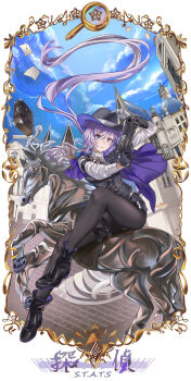 absurdres artist_name artist_request asymmetrical_gloves black_gloves black_hat blue_eyes boots building cape curly_hair detective_(silver_palace) fedora female_detective_(silver_palace) gloves gun hat high_heels highres horse long_hair looking_at_viewer narrow_waist purple_hair red_pupils riding silver_palace slender thick_thighs thighhighs thighs vest weapon white_gloves